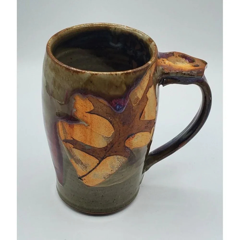Mary Weisgram Pottery Large Tall Mug Brown with Autumn Oak Leaf Design Signed